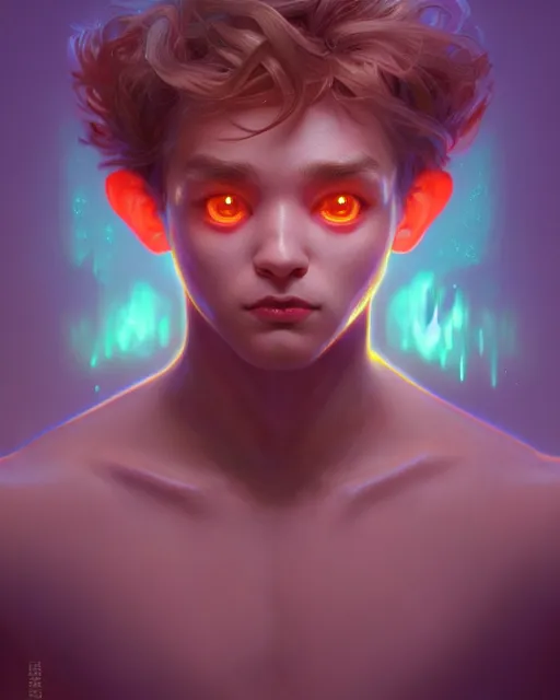 Prompt: one singular portrait of a cute bioluminescent monster boy, mischievous, highly detailed, digital painting, cinematic, hyper realism, dark retrowave, art by stanley lau and artgerm and magali villeneuve and alphonse mucha, artstation, octane render, cgsociety