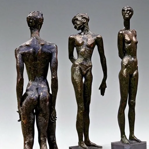 Prompt: a group of attractive beautiful human bodies. Bronze sculpture by Alberto Giacometti, similar to Walking Man II