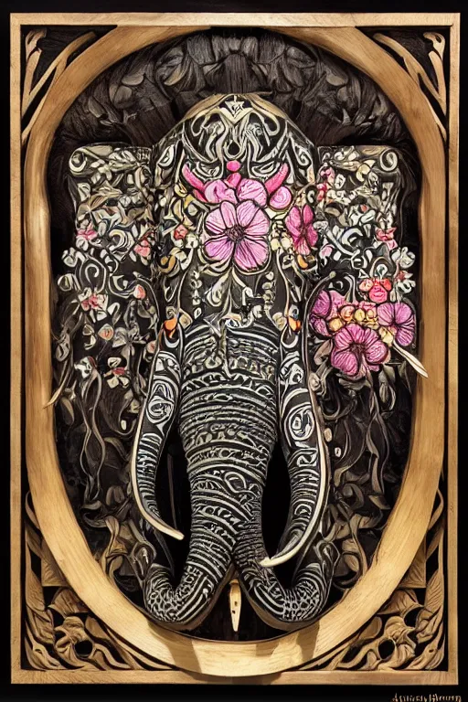 Image similar to Painted dark-wood panel relief carving of a close up of a Flowerpunk Matriarch Elephant, ornate border frame, explosion of colorful flowers, dark wood, intricately carved, black ink, festival of rich colors, intricate details, cinematic lighting, volumetric lighting, post-processing, art nouveau, by andreas rocha and john howe, and Martin Johnson Heade, featured on artstation, featured on behance, golden ratio, hyper detailed, photorealistic, epic composition, center spotlight, f32, well composed, symmetrical, UE5, 8k