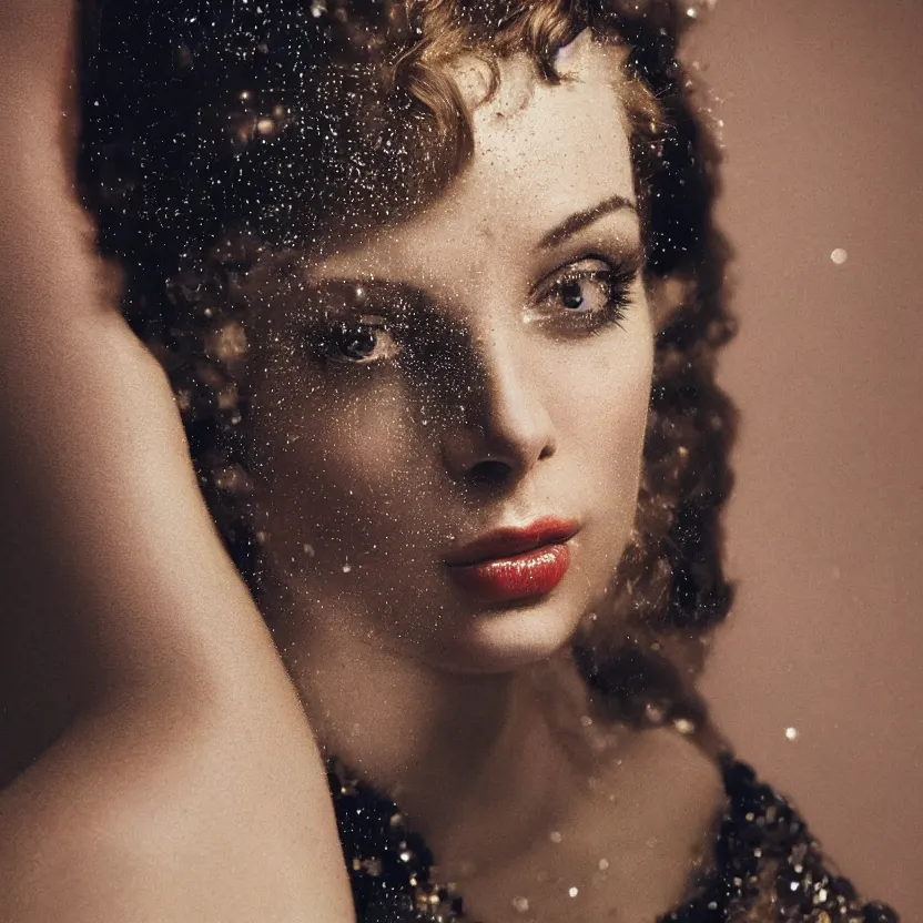 Image similar to stunning close up portrait of a woman from a fashion model with large prada dress, looking at you with sparkling bedroom eyes, in parisian luxury studio decorated, official prada editorial, by Hendrik Kerstens, by norman rockwell, highly detailed
