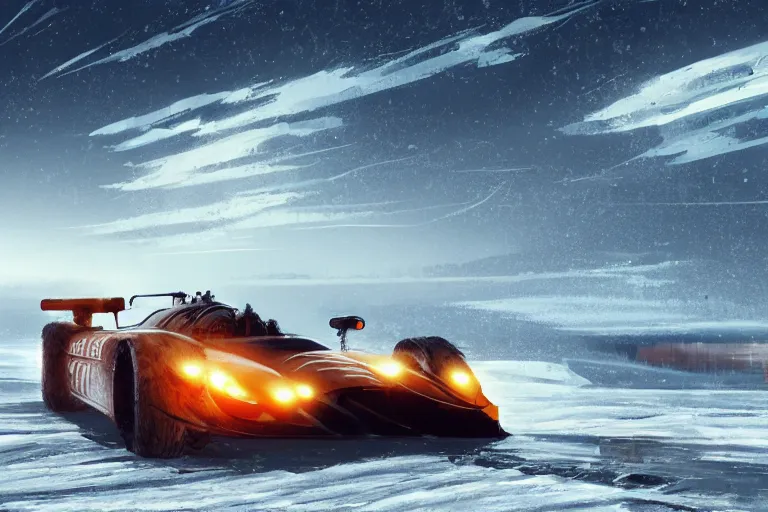 Prompt: dieselpunk digital illustration of mad max mclaren f 1 speeding across a frozen lake in a blizzard by makoto shinkai, ilya kuvshinov, lois van baarle, rossdraws, basquiat