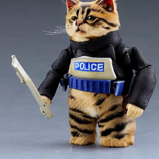 Image similar to action figure of police cat with accessories