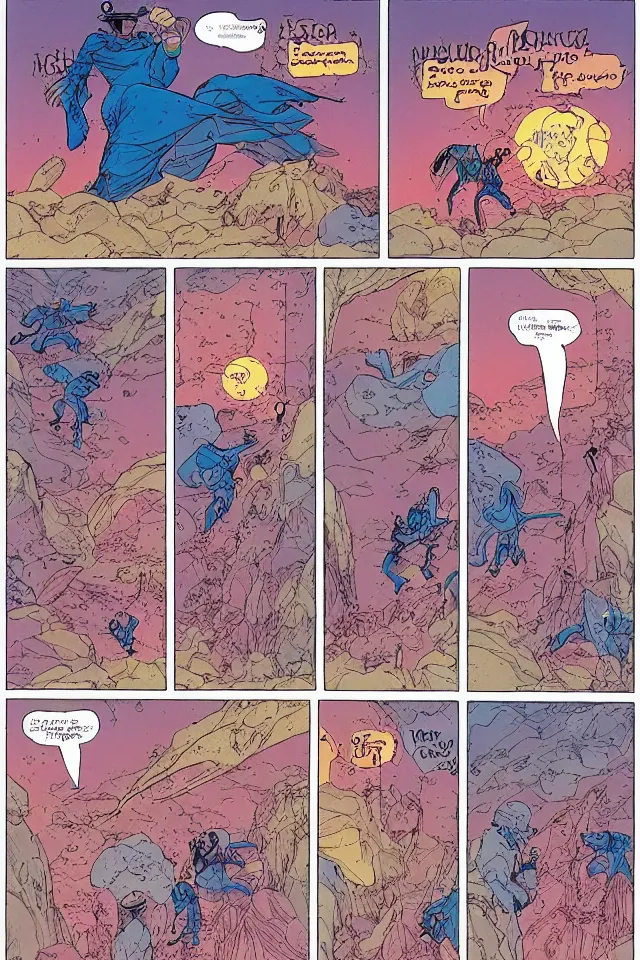 Image similar to colorfull comicpage with panels and speech balloons by Moebius showing themeaning of life