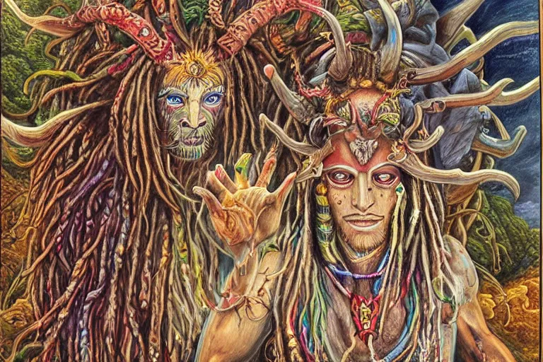 Image similar to a hyper-detailed painting with high details and textures of a psychedelic demon with dreadlocks horns and several eyes, he is in a meditation position and has an open third eye and mystical spiritual powers, the mix cernunnos + shiva