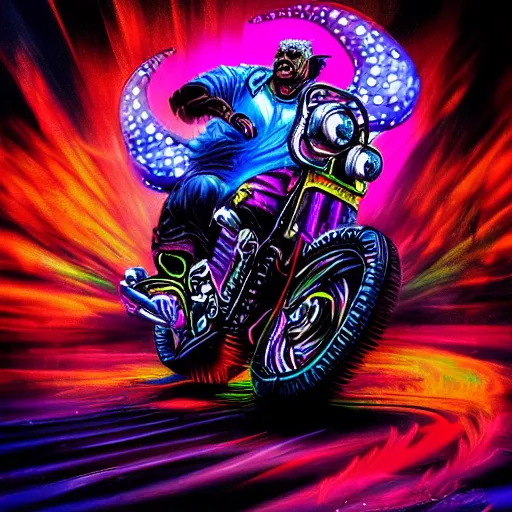 Image similar to psychedelic blacklight neon airbrush artwork, motorcycle, hyper stylized action shot of an orc popping a wheelie on a motorcycle, menacing orc, clear focused details, soft airbrushed artwork, black background, apocalyptic, cgsociety, artstation, peter lloyd art, peter palombi art