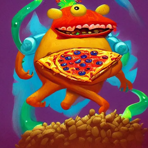 Image similar to pizza monster, colorful, digital art, fantasy, magic, trending on artstation, ultra detailed, professional illustration by Basil Gogos