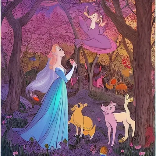 Image similar to A beautiful street art of Princess Aurora singing in the woods while surrounded by animals. She looks so peaceful and content in the company of the animals, and the colors are simply gorgeous. mythological map by Josan Gonzalez, by Bill Henson amorphous