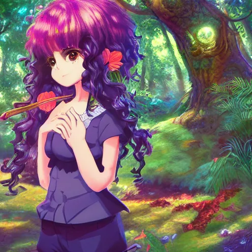 Image similar to A brown girl with black curly hair in a colorful forest, anime, highly detailed, artstation, 8k,