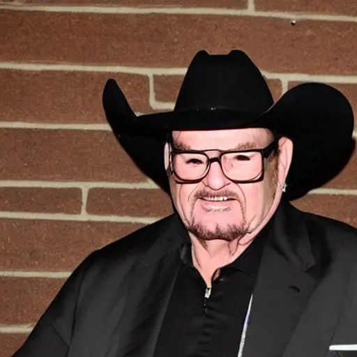 Prompt: Good ol' JR Jim Ross, wearing a tracksuit, standing in a dark alleyway, wearing a black cowboy hat, cyberpunk