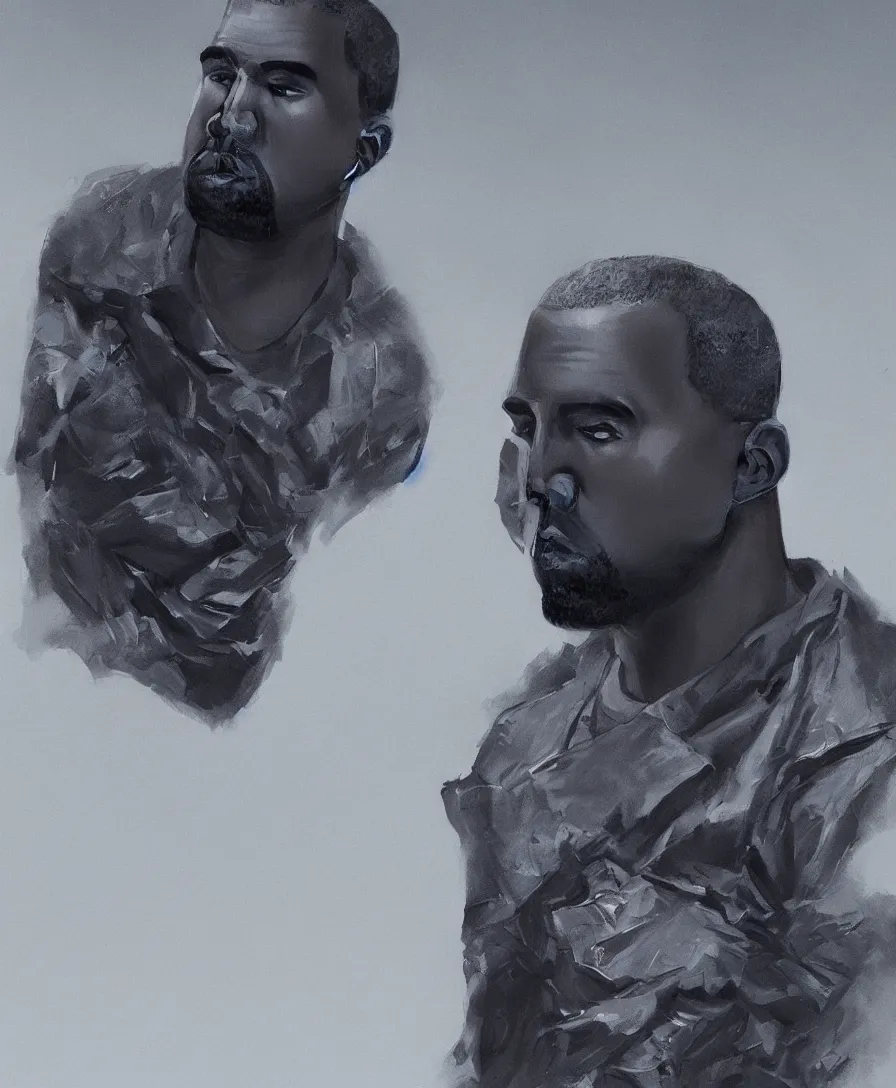 Image similar to hyper realistic kanye west, art by greg rutkowski, intricate, ultra detailed, photorealistic, black and ivy blue colors, trending on artstation, octane render, 4 k, 8 k