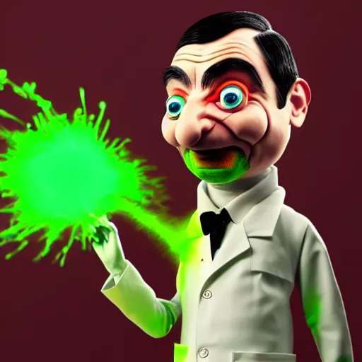 Prompt: mr. bean depicted as a mad scientist, wearing a lab coat, mixing green acids, digital art, trending on artstation and unreal engine