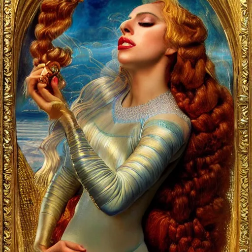 Prompt: photo realistic, hyper realism, lady gaga artpop act ii album, intricate detail, hyper detail, gaston bussiere, sandro botticelli style, with honey light brown rapunzel hair, detailed, masterpiece, sharp focus,