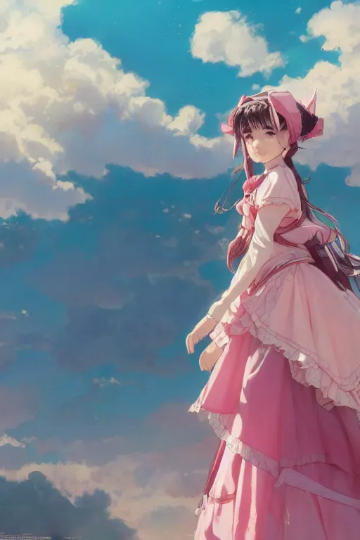 Prompt: a character design of little girl with black hair in a pink lolita dress, sky background by krenz cushart and mucha and akihito yoshida and greg rutkowski, detailed eyes, 4 k resolution