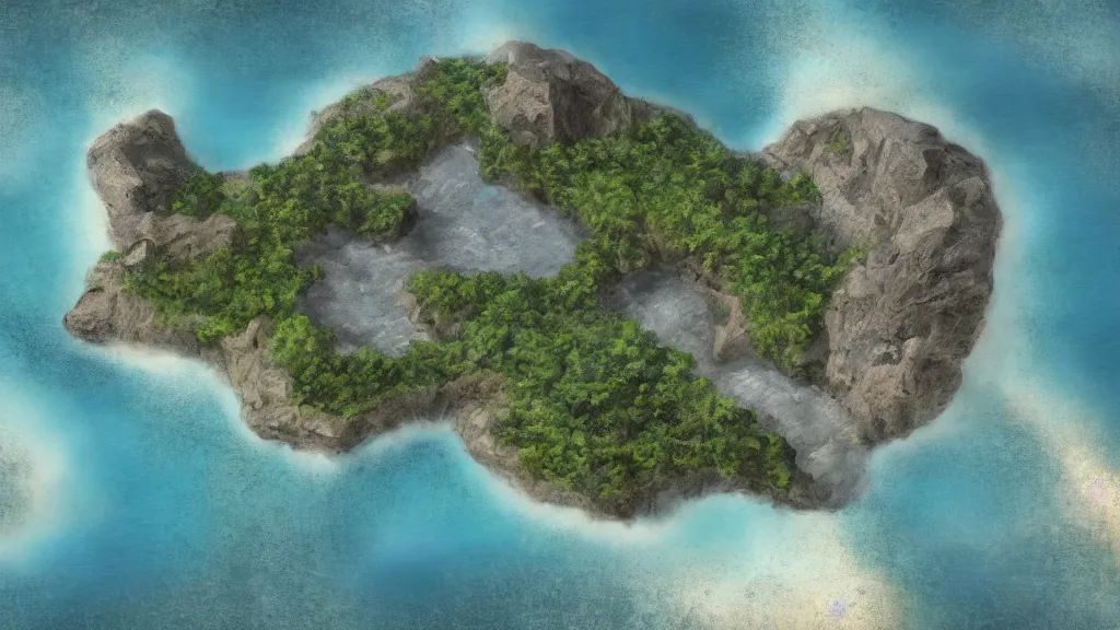 Image similar to Long forgotten island that once hosted a great civilization now gone, Tropical Island, matte painting, concept art, top down view