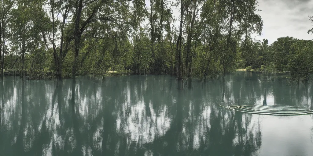 Image similar to centered photograph of a infintely long rope zig zagging across the surface of the water into the distance, floating submerged rope stretching out towards the center of the lake, a dark lake on a cloudy day, color film, trees in the background, hyper - detailed photo, anamorphic lens