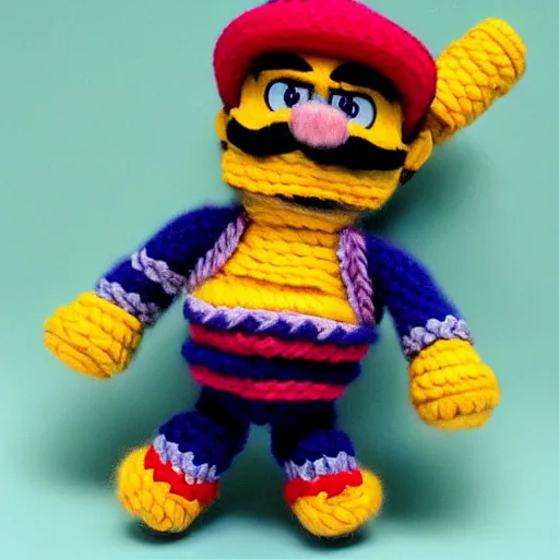 Image similar to a doll of wario made out of yarn