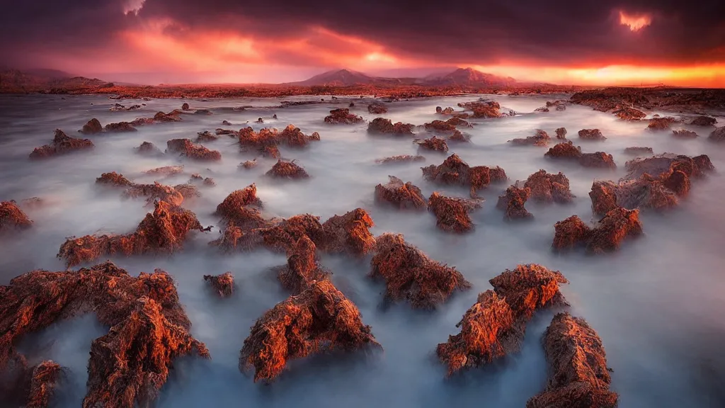 Image similar to amazing landscape photo of poop city, sunset by marc adamus, beautiful dramatic lighting