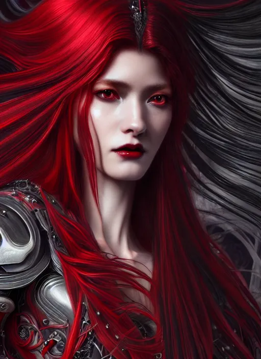 Image similar to a photorealistic detailed image of a beautiful stoic vampire in sci - fi bionic armor with flowing hair, black and red only, intricate, elegant, highly detailed, digital painting, artstation, concept art, smooth, sharp focus, illustration, art by hana yata, artem demura, alphonse mucha, octane render, unreal engine, 8 k