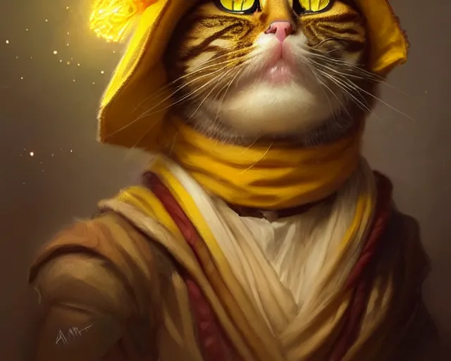 Prompt: a mind - blowing portrait of a cat wizard, yellow wizard hat, anthropomorphic, deep focus, d & d, fantasy, intricate, elegant, highly detailed, digital painting, artstation, concept art, matte, sharp, illustration, hearthstone, art by artgerm and greg rutkowski and alphonse mucha