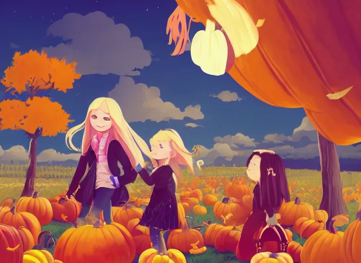 Prompt: little girl with long blonde hair visiting a pumpkin patch. clean cel shaded vector art. shutterstock. behance hd by lois van baarle, artgerm, helen huang, by makoto shinkai and ilya kuvshinov, rossdraws, illustration, art by ilya kuvshinov