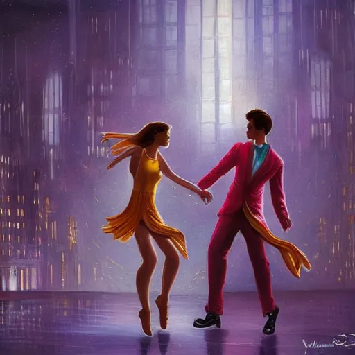 Prompt: a dancing couple in a future city, highly detailed, fantasy art