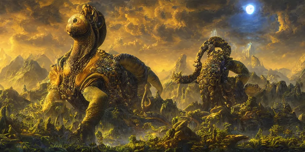 Image similar to fantasy oil painting, great leviathan, cybernetic turtle cephalopod terrapin reptilian pachyderm squid, hybrid, anubis, epic, natural light, lush plants flowers, spectacular mountains, bright clouds, ufo, luminous sky, outer worlds, golden daple lite, craig mullins, michael cheval