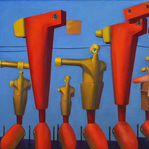 Image similar to robot parade, dystopian, pj crook, edward hopper, oil on canvas