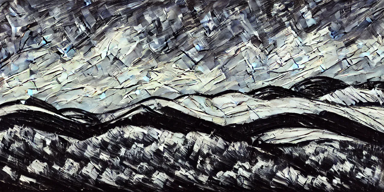 Image similar to thick impasto textured oil black and white painting of the laurentian appalachian mountains in winter by vincent van gogh, unique, original and creative landscape, snowy night, distant town lights, aurora borealis, deers and ravens, footsteps in the snow, brilliant composition