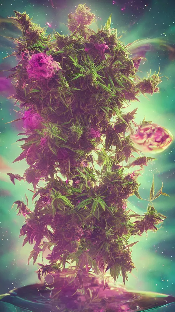 Image similar to An epic fantastic realism comic book style painting of the most beautiful cannabis flowers and buds launched into space, by James Gilleard, dank trichome bouquets, fisheye lens, unreal 5, DAZ, hyperrealistic, octane render, cosplay, RPG portrait, dynamic lighting