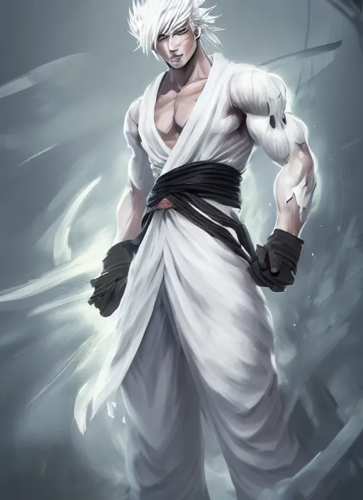 Image similar to a highly detailed illustration of fierce white haired attractive young japanese man wearing white hakama, black eyes, dramatic pose, muscular, intricate, elegant, highly detailed, centered, digital painting, artstation, concept art, smooth, sharp focus, league of legends concept art, wlop