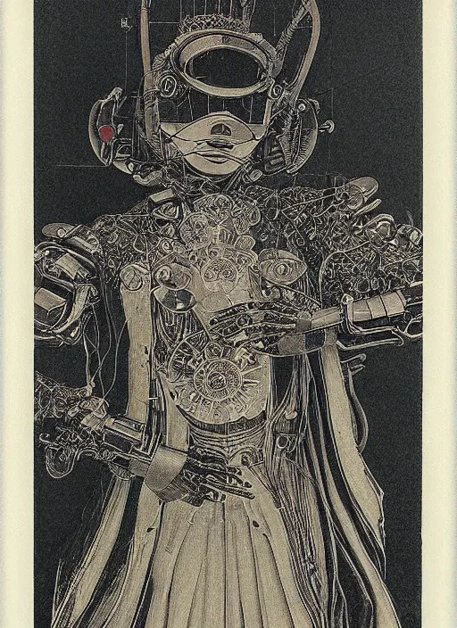 Image similar to 2 d illustration, grained risograph, old wetplate daguerreotype portrait of a futuristic silver armored geisha district 9 cyborg, parallax, fractal, intricate, elegant, highly detailed, subsurface scattering, by jheronimus bosch and moebius louis jacques mande daguerre and szukalski