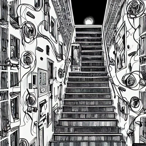 Image similar to a huge bright maze of many doorways and lots of stairs, many doorways, inside a giant mansion, artstation, Junji Ito, epic composition