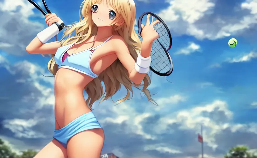 Image similar to a very beautiful young anime tennis girl, full body, long wavy blond hair, sky blue eyes, ( ( ( full round face ) ) ), short smile, bikini, miniskirt, front view, mid - shot, highly detailed, cinematic wallpaper by stanley artgerm lau