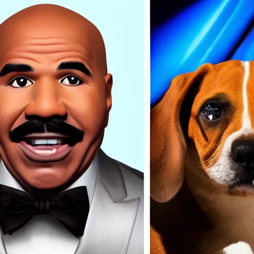 Prompt: a dog with steve harvey's face, studio lighting, looks like steve harvey, 4 k, photorealistic, award winning