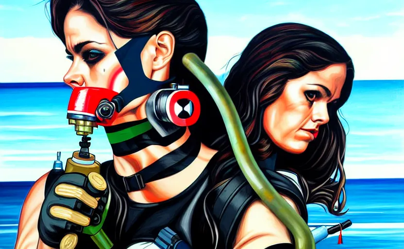 Image similar to rogue agent wearing oxygen mask holding a harpoon with sea background side profile by Sandra Chevrier