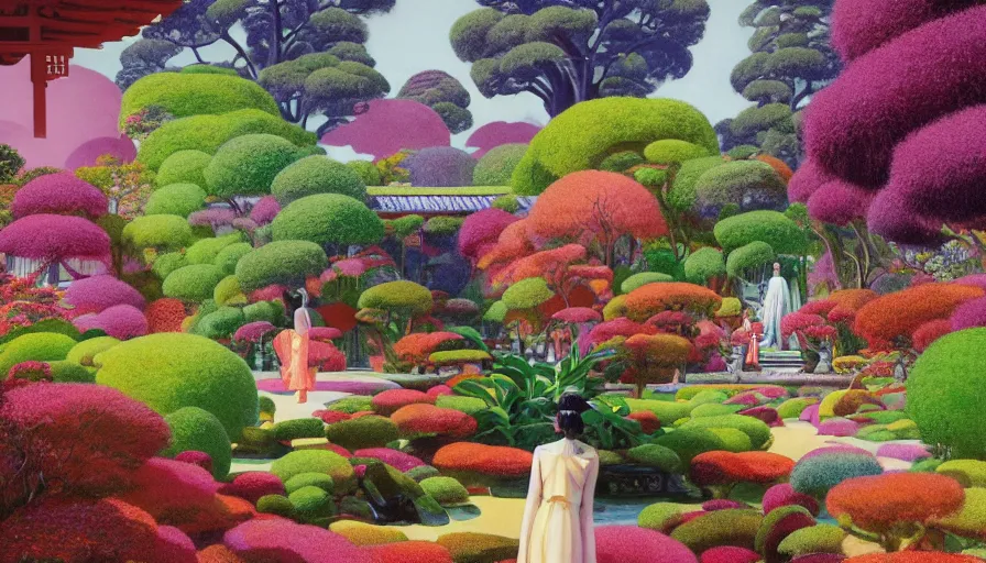 Prompt: a vibrant dream of psychedelic hallucinations of a beautiful japanese temple garden, lush plants and lanterns, a woman wearing a gucci dress is exploring the temple garden, high fashion, by moebius, edward hopper and james gilleard, zdzislaw beksinski, steven outram hd, 8 k, artstation