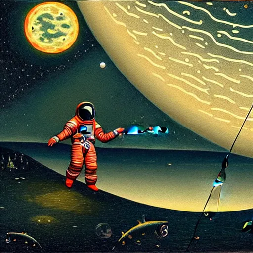 Image similar to astronaut in a spacesuit fishing and catching fish with a fishing rod from the crescent of the moon, realism, landscape