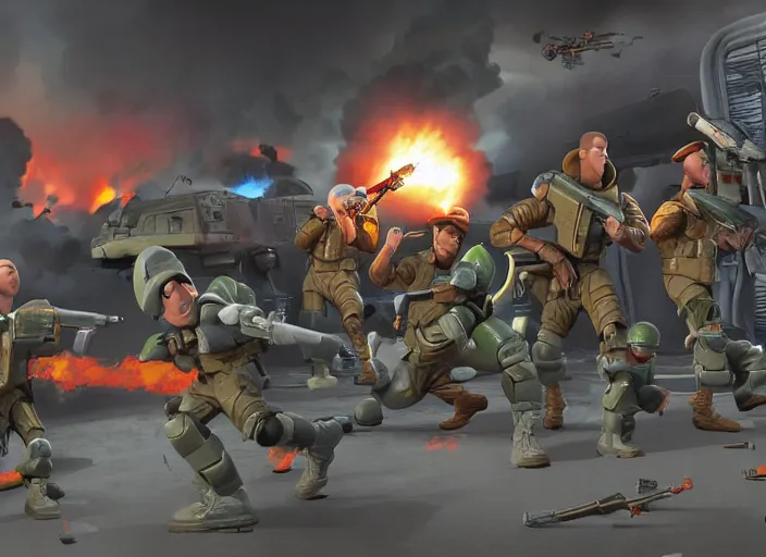 Image similar to digital painting of xcom squad taking fire from the toy story aliens in a world war 2 battlefield, sharp focus, intricate