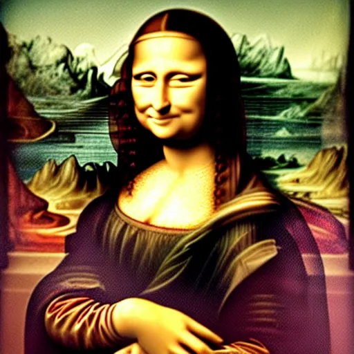 Prompt: The Mona Lisa painting 50 years into the future, corroding and cracking paint, revealing a terrifying image underneath: it was secretly a gender bent Jesus Christ portrait