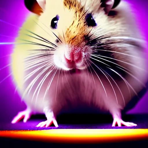 Prompt: uhd candid photo of an android hamster with cybernetic implants and laser eyes. photo by annie leibowitz