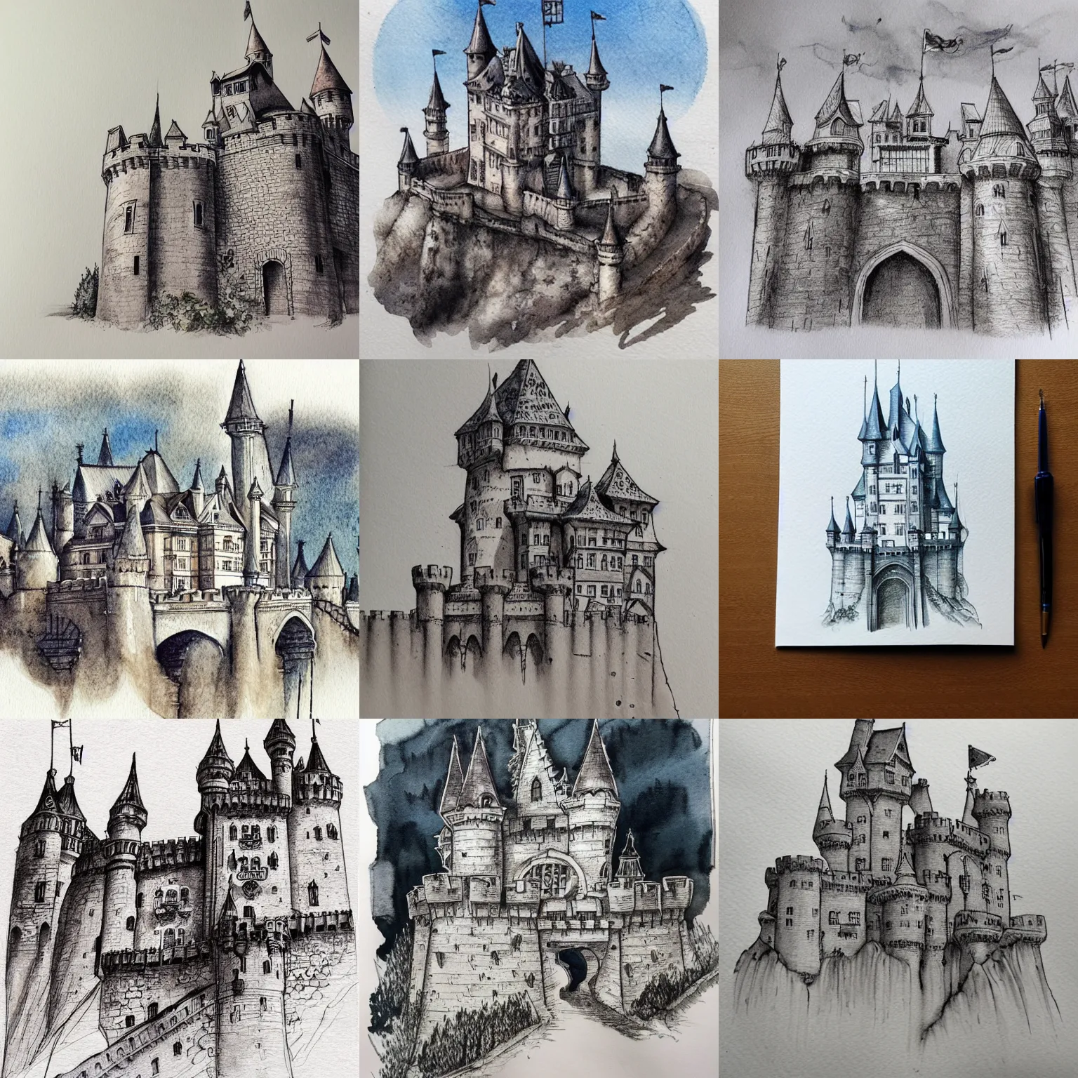 Image similar to beautiful aesthetic inspirational masterful professional ink pen and watercolor sketch of a castle, ultra detailed, fine details, trending on artstation, high quality paper