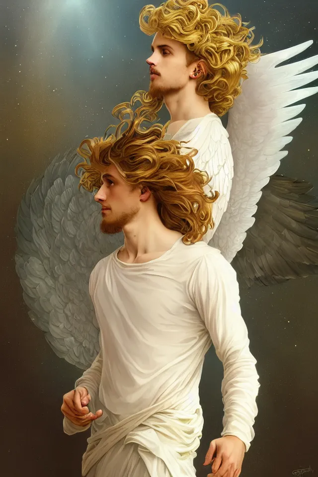 Image similar to fullbody portrait of a beautiful young fit male angel with curly blond hairs, full dressed in long fluent clothes, majestic big dove wings, luminous halo, by greg rutkowski and alphonse mucha, gradient white to gold, in front of an iridescent background, highly detailed portrait, digital painting, artstation, concept art, smooth, sharp focus illustration