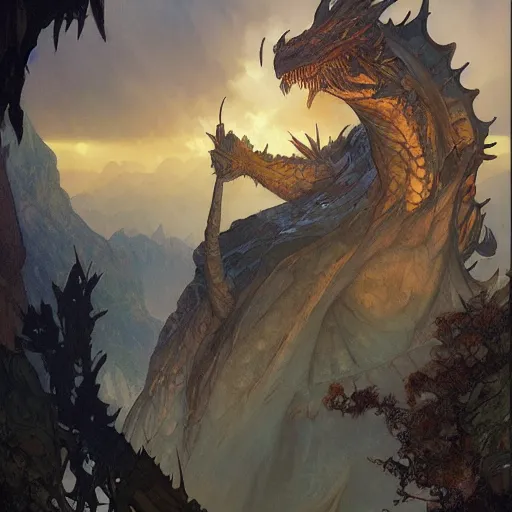 Image similar to concept art, dragons, 8 k, by james gurney, greg rutkowski, and john howe, background of the sky at dusk by alphonse mucha, artstation