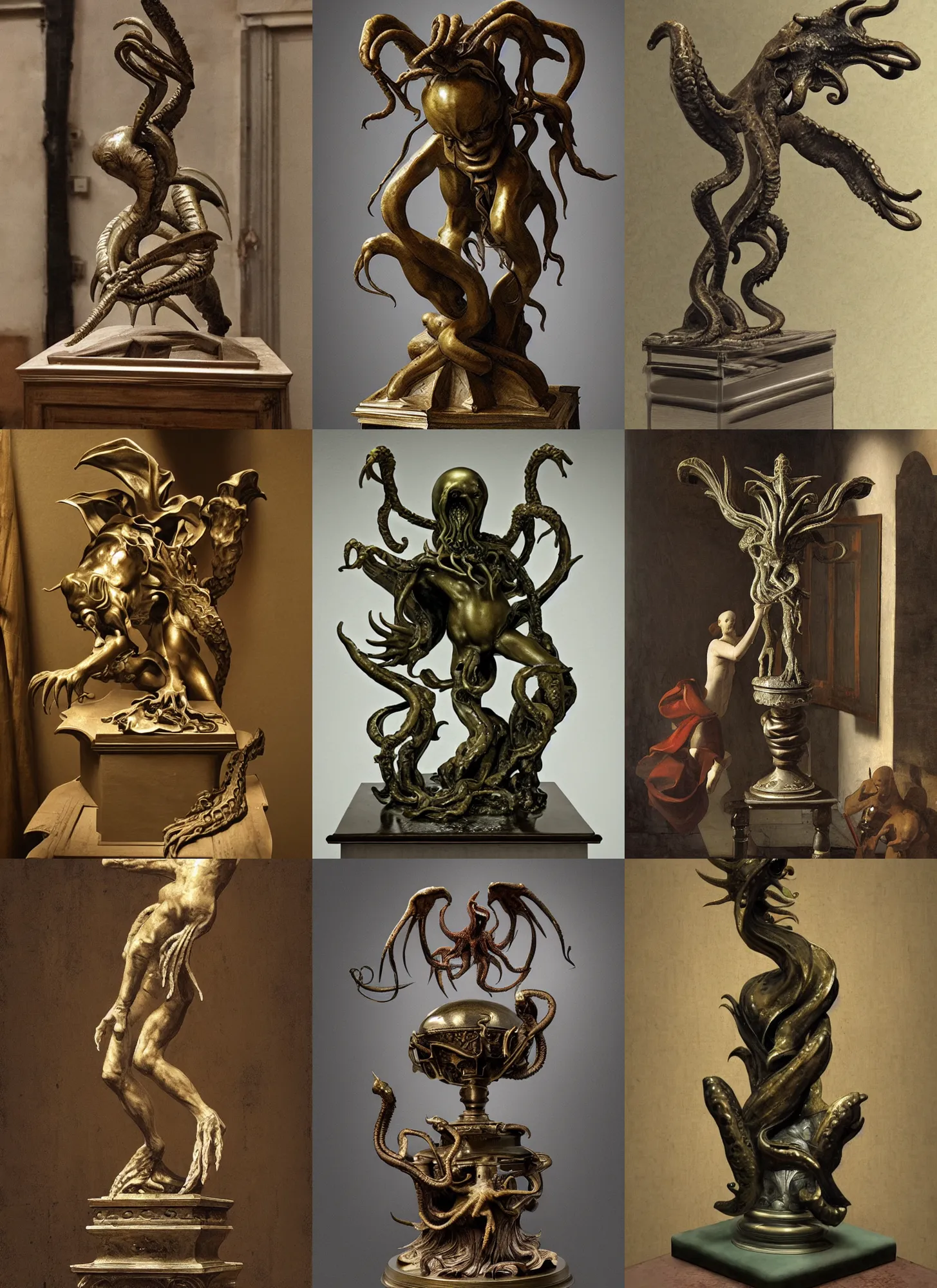 Prompt: italian renaissance indoor workshop with cthulhu bronze sculpture on pedestal, highly detailed, artstation, concept art, sharp focus, illustration, rutkowski, vermeer