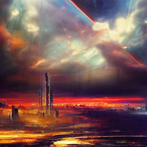 Image similar to oil painting of a futuristic city near to a big lake, dramatic storm clouds, sunrays, dramatic, very very very beautiful art, cinematic lighting, romanticism by goya, bright pastel color, blue sky