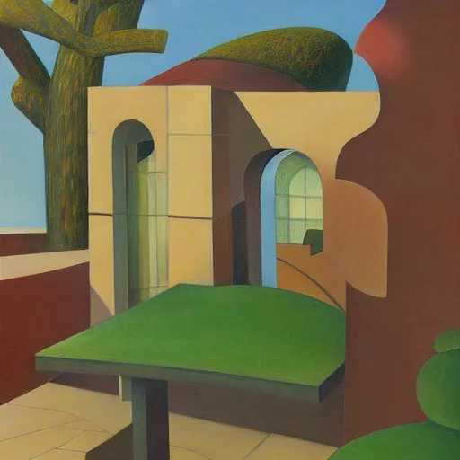 Image similar to biomorphic architecture, fantastical courtyard, grant wood, pj crook, edward hopper, oil on canvas