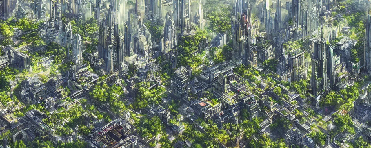 Prompt: a futuristic yet traditional metropolis city in a utopia, matte painting, digital painting, intricate, small details, national geographic cover, award winning, 4 k, botanical garden, lush, bright, clear, smooth,