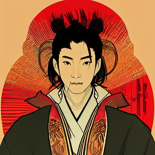 Image similar to portrait of a samurai, red moon on the background, illustration, pop art, thick brush, art by alphonse mucha, makoto shinkai