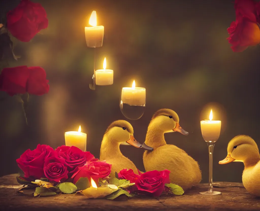 Prompt: two ducks with funny hats on their heads having a romantic dinner with candles champagne petals roses, hyperrealistic, focused, extreme details, masterpiece, 8 k, ultrahd, hd resolution