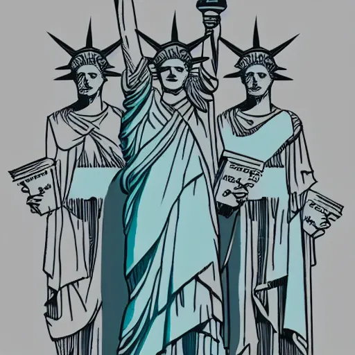 Image similar to Corporate logo of 3 Statues of Liberty, with one standing in front of the others, stacked. SVG File